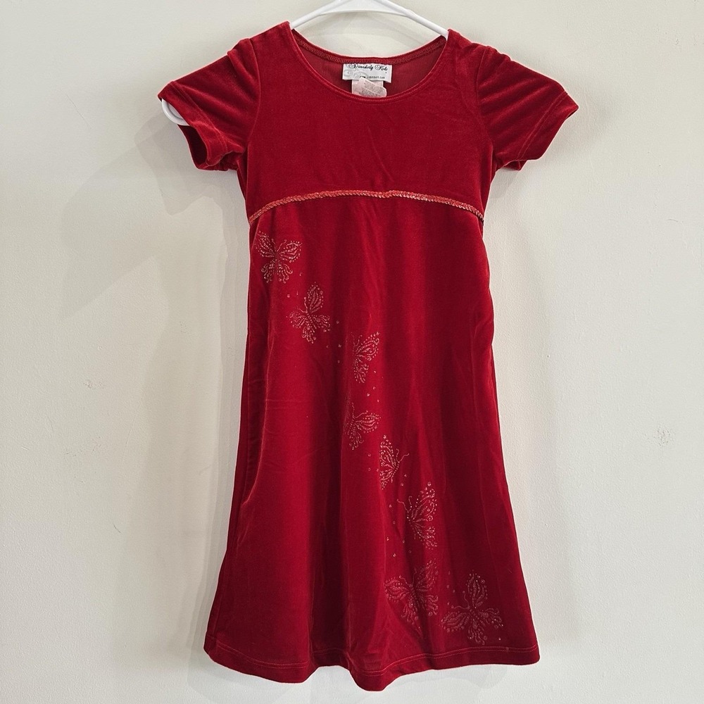 Toddler Girls 4T VTG Y2K Red Velvet‎ Maxi Dress Sequins Butterfly Christmas